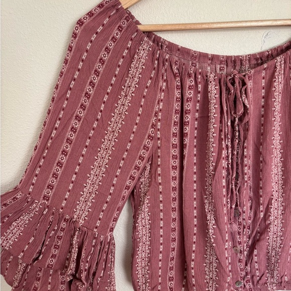 Pink Ruffled Bell Sleeve Tie Button Front Crop Flowy Boho Blouse - Picture 2 of 6